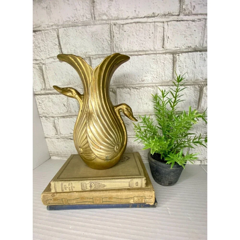 Midcentury Brass Double Swan Vase Planter Art Deco Hollywood Regency...7.5